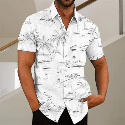 Cămașă cu mânecă scurtă Medusa hawaiană pentru bărbați, vară, nou 3D5XL, imprimeu arbore de nucă de cocos, cu rever, top casual Camisa masculină