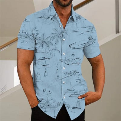 Cămașă cu mânecă scurtă Medusa hawaiană pentru bărbați, vară, nou 3D5XL, imprimeu arbore de nucă de cocos, cu rever, top casual Camisa masculină