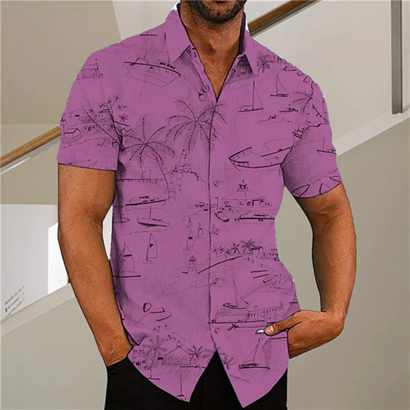 Cămașă cu mânecă scurtă Medusa hawaiană pentru bărbați, vară, nou 3D5XL, imprimeu arbore de nucă de cocos, cu rever, top casual Camisa masculină