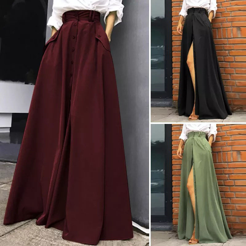 Korejas modes liela izmēra sadalīti gari svārki sievietēm pavasara rudens ar augstu vidukli kroku A-līnijas svārki Streetwear Eleganti Maxi svārki