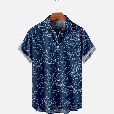 2022 New Original Risk-Free Plant Blue and White Porcelain Wind 3D Printing Lapel Men`s T-Shirt Top Hawaiian Beach Style