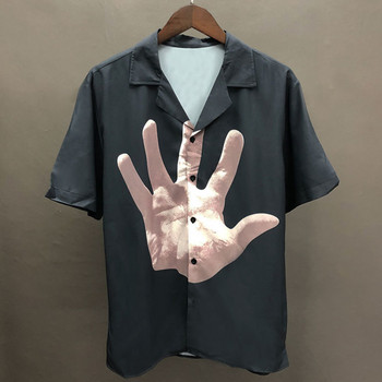 Модна риза с шарка на длан с къс ръкав Ежедневна мъжка риза Streetwear Summer Camisa Masculina Color Contrast Blue Shirt