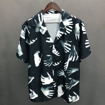 Модна риза с шарка на длан с къс ръкав Ежедневна мъжка риза Streetwear Summer Camisa Masculina Color Contrast Blue Shirt