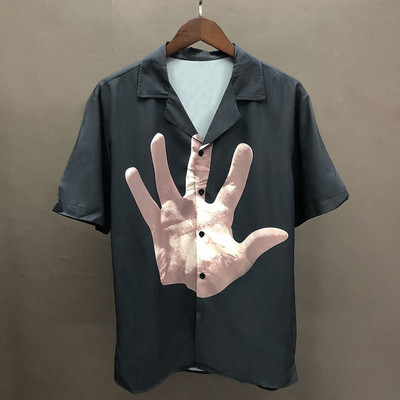 Μόδα πουκάμισο με μοτίβο παλάμης με κοντό μανίκι Casual ανδρικό πουκάμισο Streetwear Summer Camisa Masculina Μπλε πουκάμισο με αντίθεση χρώματος