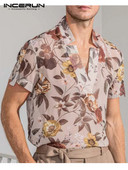 INCERUN Vīriešu krekls ar ziedu apdruku ar V kakla izgriezumu 2023. gada īsām piedurknēm, elpojošs ielas apģērbs, siets, ikdienas Camisas brīvs vīriešu apģērbs S-5XL