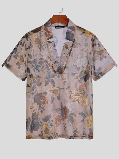 INCERUN Vīriešu krekls ar ziedu apdruku ar V kakla izgriezumu 2023. gada īsām piedurknēm, elpojošs ielas apģērbs, siets, ikdienas Camisas brīvs vīriešu apģērbs S-5XL