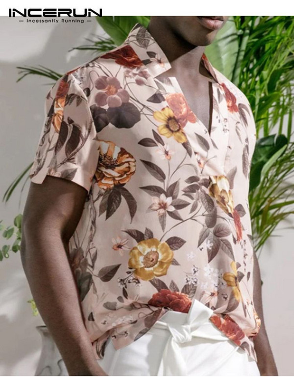INCERUN Vīriešu krekls ar ziedu apdruku ar V kakla izgriezumu 2023. gada īsām piedurknēm, elpojošs ielas apģērbs, siets, ikdienas Camisas brīvs vīriešu apģērbs S-5XL