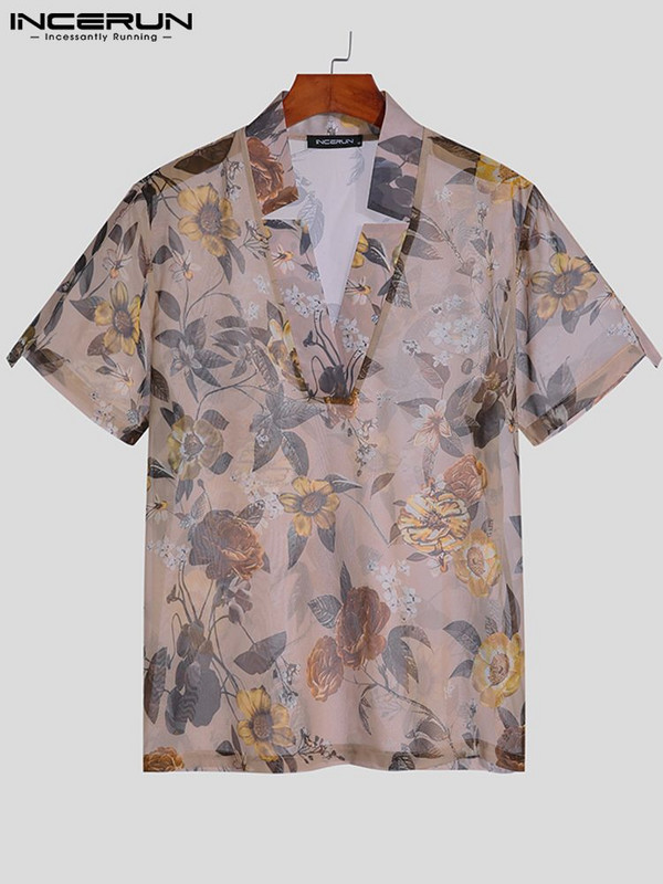 INCERUN Vīriešu krekls ar ziedu apdruku ar V kakla izgriezumu 2023. gada īsām piedurknēm, elpojošs ielas apģērbs, siets, ikdienas Camisas brīvs vīriešu apģērbs S-5XL