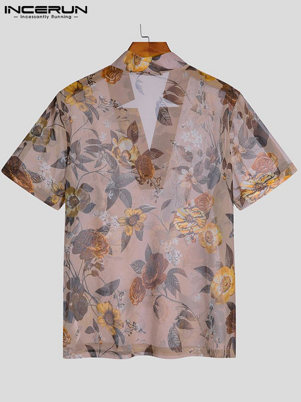 INCERUN Vīriešu krekls ar ziedu apdruku ar V kakla izgriezumu 2023. gada īsām piedurknēm, elpojošs ielas apģērbs, siets, ikdienas Camisas brīvs vīriešu apģērbs S-5XL