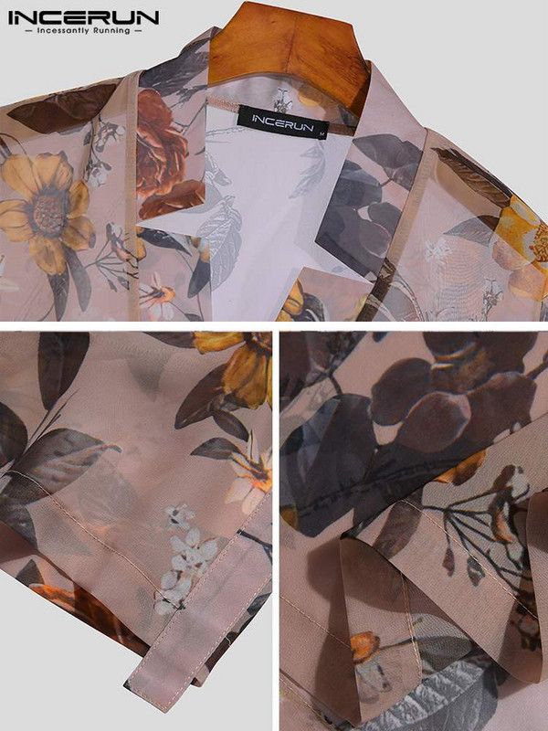 INCERUN Vīriešu krekls ar ziedu apdruku ar V kakla izgriezumu 2023. gada īsām piedurknēm, elpojošs ielas apģērbs, siets, ikdienas Camisas brīvs vīriešu apģērbs S-5XL