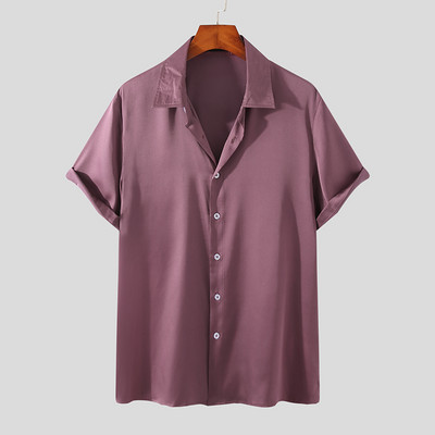 INCERUN 2023 Modes vīriešu krekls vienkrāsains atloks ar īsām piedurknēm, spīdīgs ielas apģērbs ballītei, ikdienas vīriešu apģērbi vasaras brīvlaikam Camisas