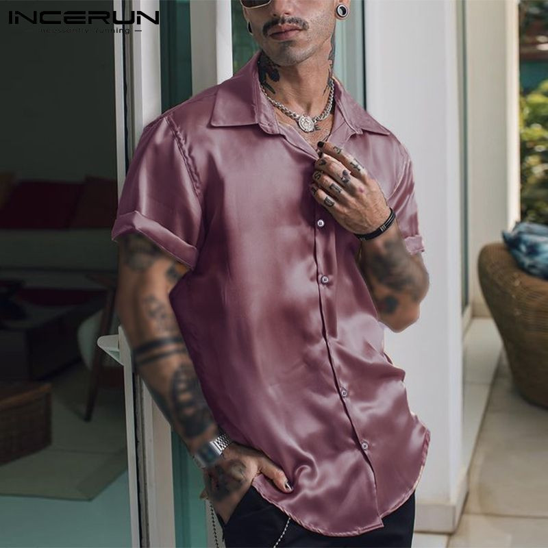 INCERUN 2023 Modes vīriešu krekls vienkrāsains atloks ar īsām piedurknēm, spīdīgs ielas apģērbs ballītei, ikdienas vīriešu apģērbi vasaras brīvlaikam Camisas