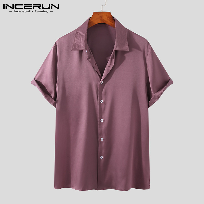 INCERUN 2023 Modes vīriešu krekls vienkrāsains atloks ar īsām piedurknēm, spīdīgs ielas apģērbs ballītei, ikdienas vīriešu apģērbi vasaras brīvlaikam Camisas