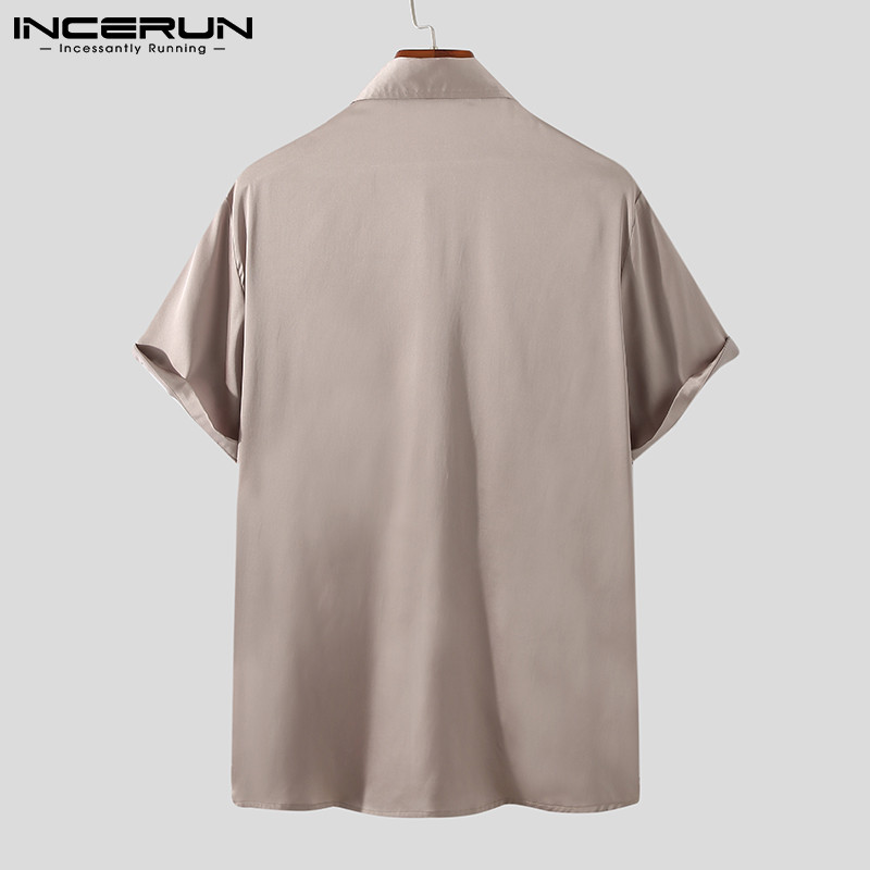INCERUN 2023 Modes vīriešu krekls vienkrāsains atloks ar īsām piedurknēm, spīdīgs ielas apģērbs ballītei, ikdienas vīriešu apģērbi vasaras brīvlaikam Camisas