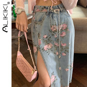 Sieviešu džinsu svārki ar ziedu apdruku ar augstu vidukli sānos sadalīti augšstilbu džinsu svārki ar kabatām ikru vidusdaļā A līnijas Skort liela izmēra S-5XL