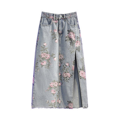 Sieviešu džinsu svārki ar ziedu apdruku ar augstu vidukli sānos sadalīti augšstilbu džinsu svārki ar kabatām ikru vidusdaļā A līnijas Skort liela izmēra S-5XL