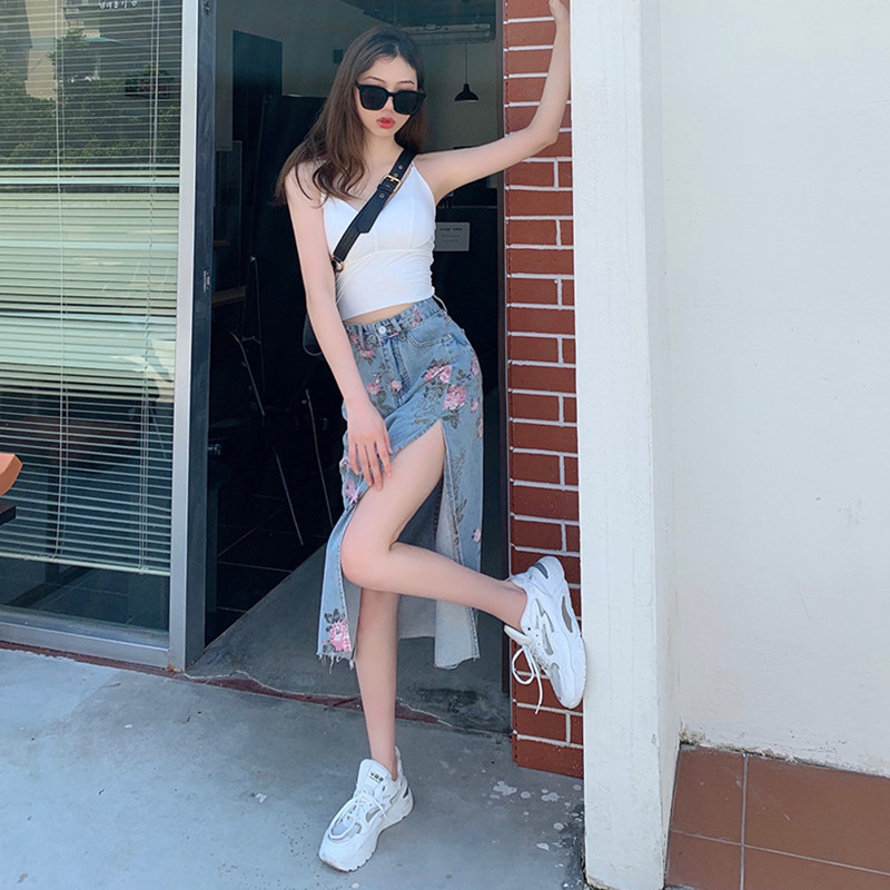 Sieviešu džinsu svārki ar ziedu apdruku ar augstu vidukli sānos sadalīti augšstilbu džinsu svārki ar kabatām ikru vidusdaļā A līnijas Skort liela izmēra S-5XL