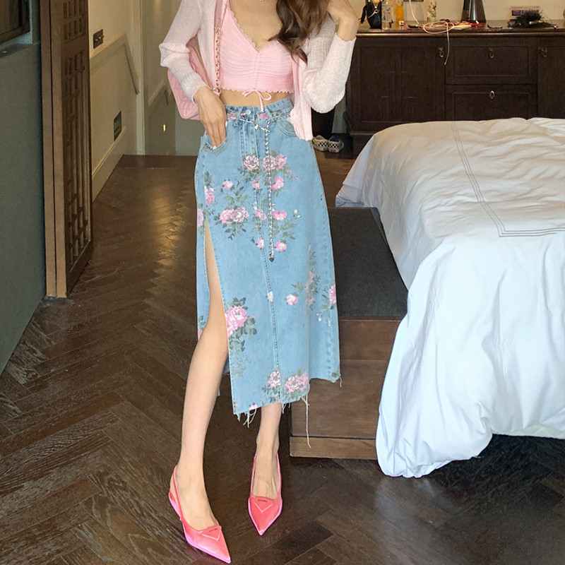 Sieviešu džinsu svārki ar ziedu apdruku ar augstu vidukli sānos sadalīti augšstilbu džinsu svārki ar kabatām ikru vidusdaļā A līnijas Skort liela izmēra S-5XL