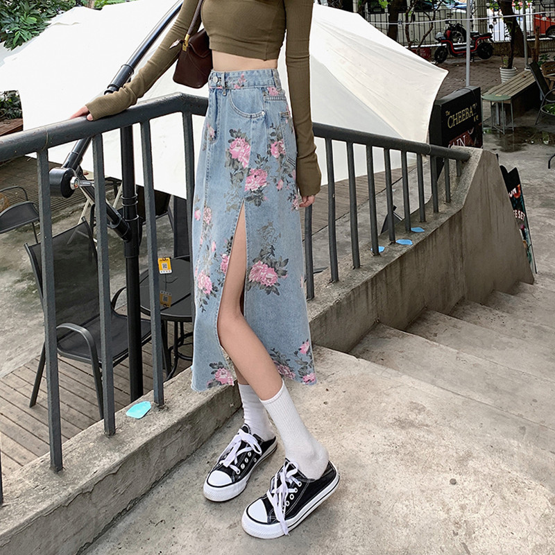 Sieviešu džinsu svārki ar ziedu apdruku ar augstu vidukli sānos sadalīti augšstilbu džinsu svārki ar kabatām ikru vidusdaļā A līnijas Skort liela izmēra S-5XL