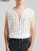 INCERUN Vīriešu mežģīņu topi, caurspīdīgi V kakla, mežģīnes ar piedurknēm, seksīgas vestes, vīriešu ielas apģērbs 2023. gada pludmales brīvdienu ikdienas topi, 5XL 7