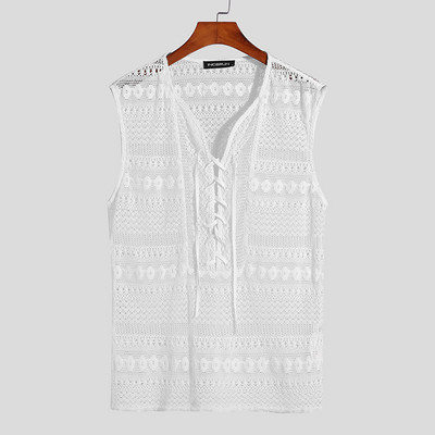 INCERUN Vīriešu mežģīņu topi, caurspīdīgi V kakla, mežģīnes ar piedurknēm, seksīgas vestes, vīriešu ielas apģērbs 2023. gada pludmales brīvdienu ikdienas topi, 5XL 7