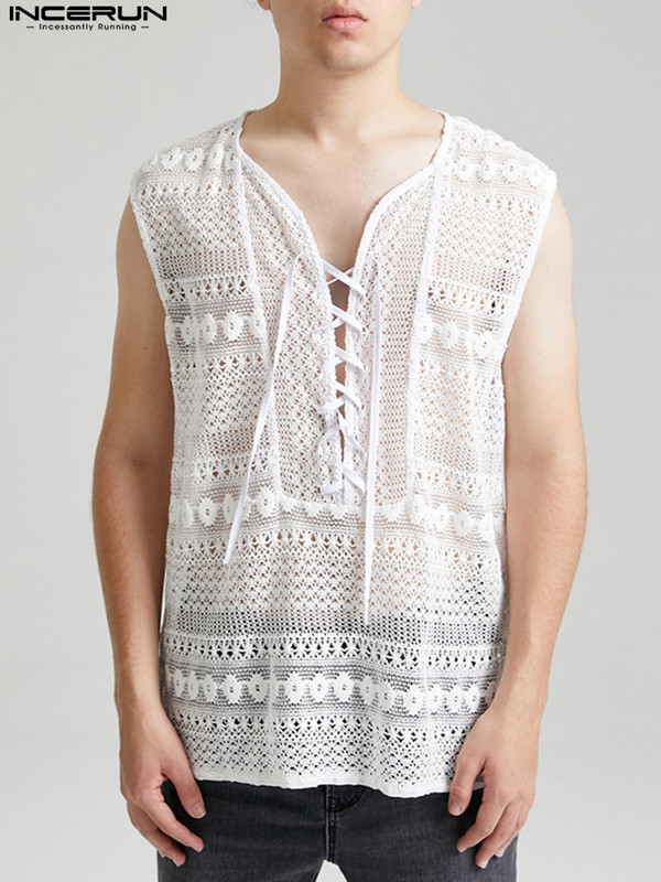 INCERUN Vīriešu mežģīņu topi, caurspīdīgi V kakla, mežģīnes ar piedurknēm, seksīgas vestes, vīriešu ielas apģērbs 2023. gada pludmales brīvdienu ikdienas topi, 5XL 7