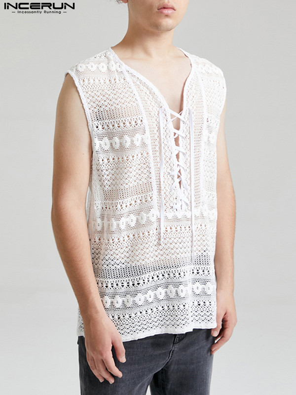 INCERUN Vīriešu mežģīņu topi, caurspīdīgi V kakla, mežģīnes ar piedurknēm, seksīgas vestes, vīriešu ielas apģērbs 2023. gada pludmales brīvdienu ikdienas topi, 5XL 7