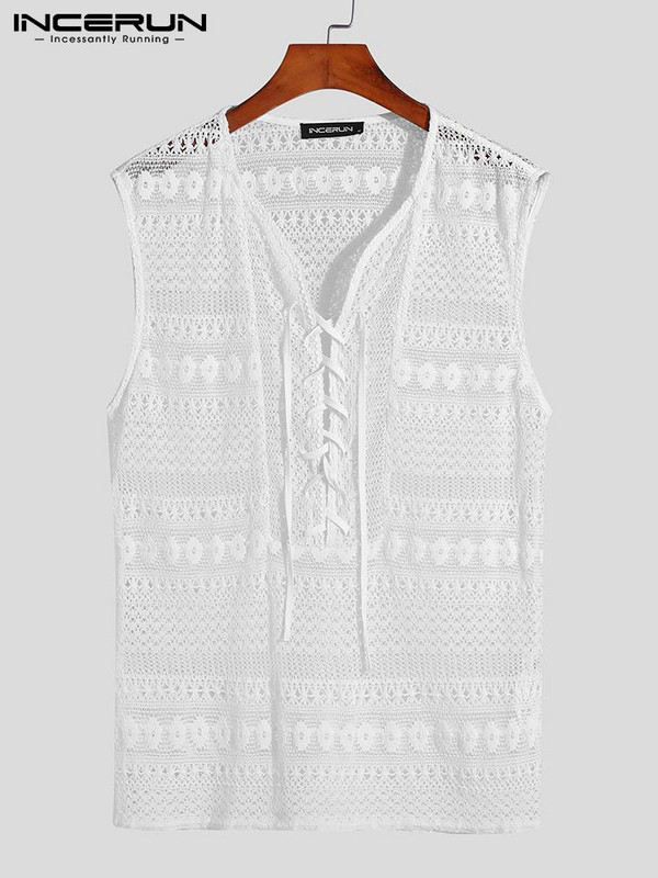 INCERUN Vīriešu mežģīņu topi, caurspīdīgi V kakla, mežģīnes ar piedurknēm, seksīgas vestes, vīriešu ielas apģērbs 2023. gada pludmales brīvdienu ikdienas topi, 5XL 7