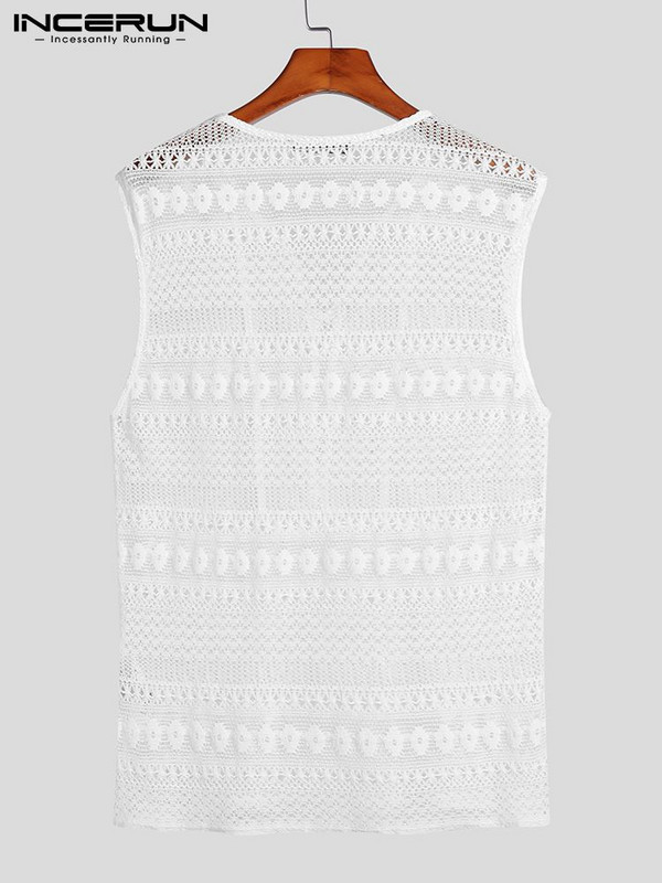 INCERUN Vīriešu mežģīņu topi, caurspīdīgi V kakla, mežģīnes ar piedurknēm, seksīgas vestes, vīriešu ielas apģērbs 2023. gada pludmales brīvdienu ikdienas topi, 5XL 7