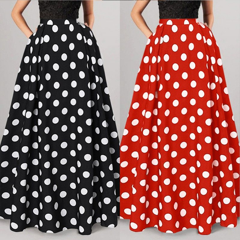 2023. g. jauni karstie svārki Vintage punktveida svārki liela izmēra sarkani melni zili gari svārki ikdienas sievietēm Maxi Faldas Bohemian Jupe VD4139