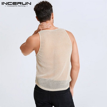 Ανδρικά αμάνικα διχτυωτά λεπτές μπλούζες INCERUN 2023 Summer Tank Tops Στρογγυλή λαιμόκοψη See Through Ανδρικά γιλέκα τσέπης Streetwear 5XL 7