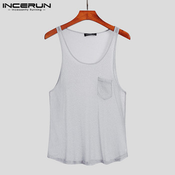 Ανδρικά αμάνικα διχτυωτά λεπτές μπλούζες INCERUN 2023 Summer Tank Tops Στρογγυλή λαιμόκοψη See Through Ανδρικά γιλέκα τσέπης Streetwear 5XL 7