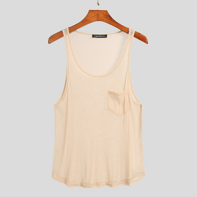 Ανδρικά αμάνικα διχτυωτά λεπτές μπλούζες INCERUN 2023 Summer Tank Tops Στρογγυλή λαιμόκοψη See Through Ανδρικά γιλέκα τσέπης Streetwear 5XL 7