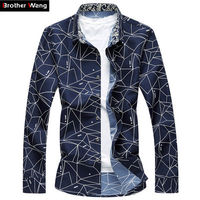 Ανδρικό μακρυμάνικο πουκάμισο με στάμπα Slim Business Leisure Πουκάμισο Plus Size 5XL 6XL 7XL Ανδρικό πουκάμισο Casual 2023 Νέο