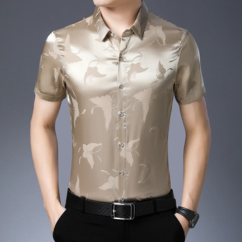 Нови летни ризи Мъжка копринена памучна риза с къс ръкав Slim Fit Chemise Homme Drop Shipping C783