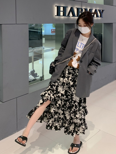 Korean Street Wear sieviešu modes svārki ar tinti ar ziedu apdruku, pavasara rudens daudzslāņu volāni sadalīti svārki Lielizmēra skices 6XL