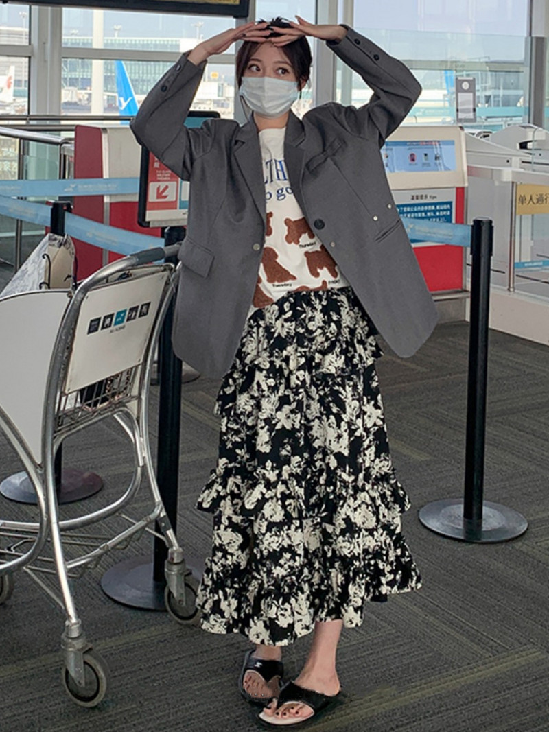 Korean Street Wear sieviešu modes svārki ar tinti ar ziedu apdruku, pavasara rudens daudzslāņu volāni sadalīti svārki Lielizmēra skices 6XL