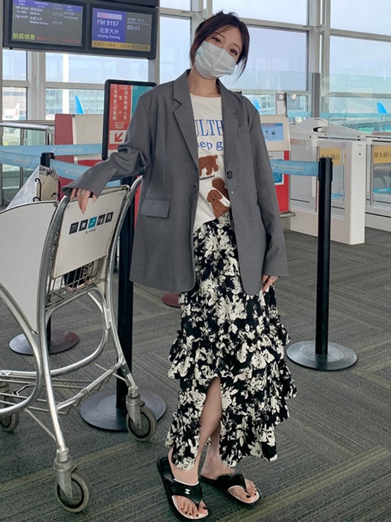 Korean Street Wear sieviešu modes svārki ar tinti ar ziedu apdruku, pavasara rudens daudzslāņu volāni sadalīti svārki Lielizmēra skices 6XL