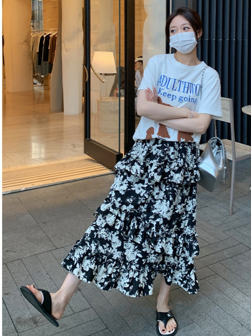 Korean Street Wear sieviešu modes svārki ar tinti ar ziedu apdruku, pavasara rudens daudzslāņu volāni sadalīti svārki Lielizmēra skices 6XL