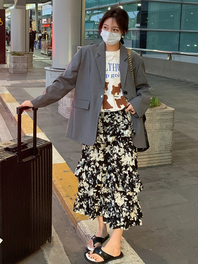 Korean Street Wear sieviešu modes svārki ar tinti ar ziedu apdruku, pavasara rudens daudzslāņu volāni sadalīti svārki Lielizmēra skices 6XL