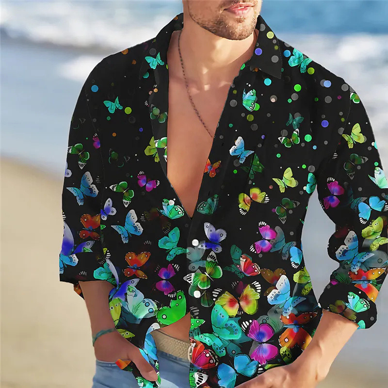 Krekls vīriešu atloks ar garām piedurknēm pavasara un vasaras radošs tauriņš ziedu un putnu 3D drukas raksts ikdienišķs un ērts