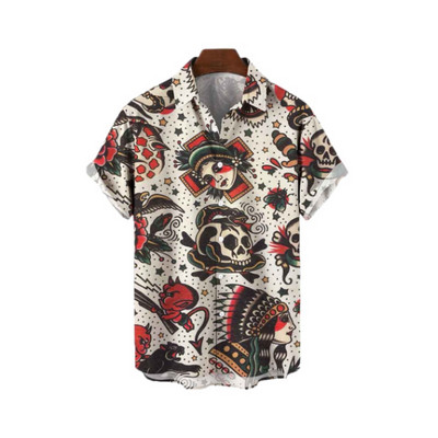 Χαβάης Υπερμεγέθη τρισδιάστατο τυπωμένο μοτίβο κρανίου κοντομάνικο μπλουζάκι καλοκαιρινό παραθαλάσσιο πουκάμισο για διακοπές σε κινέζικο στυλ