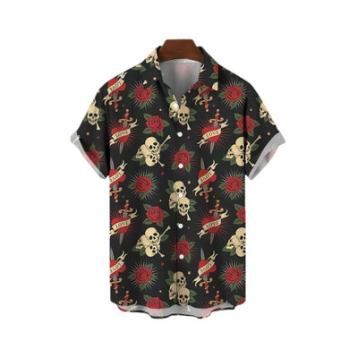 Χαβάης Υπερμεγέθη τρισδιάστατο τυπωμένο μοτίβο κρανίου κοντομάνικο μπλουζάκι καλοκαιρινό παραθαλάσσιο πουκάμισο για διακοπές σε κινέζικο στυλ