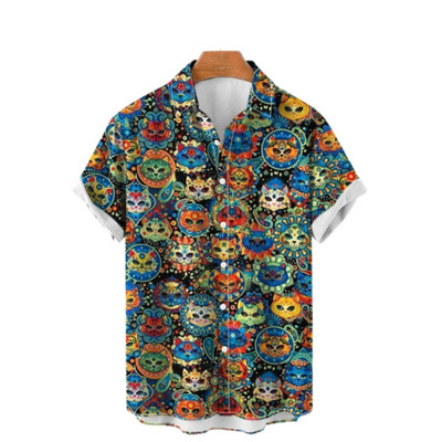 Χαβάης Υπερμεγέθη τρισδιάστατο τυπωμένο μοτίβο κρανίου κοντομάνικο μπλουζάκι καλοκαιρινό παραθαλάσσιο πουκάμισο για διακοπές σε κινέζικο στυλ