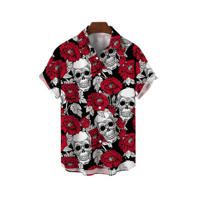 Χαβάης Υπερμεγέθη τρισδιάστατο τυπωμένο μοτίβο κρανίου κοντομάνικο μπλουζάκι καλοκαιρινό παραθαλάσσιο πουκάμισο για διακοπές σε κινέζικο στυλ