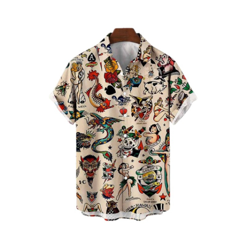 Χαβάης Υπερμεγέθη τρισδιάστατο τυπωμένο μοτίβο κρανίου κοντομάνικο μπλουζάκι καλοκαιρινό παραθαλάσσιο πουκάμισο για διακοπές σε κινέζικο στυλ