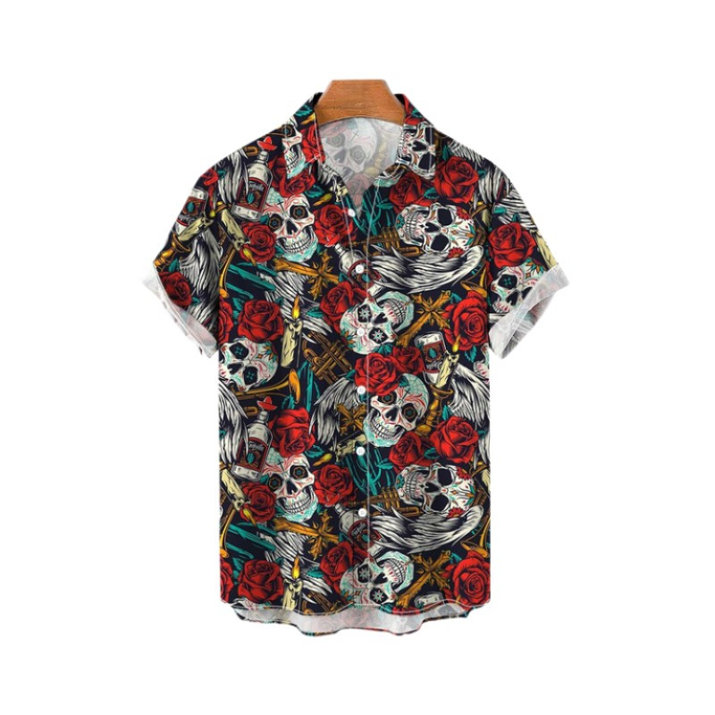 Χαβάης Υπερμεγέθη τρισδιάστατο τυπωμένο μοτίβο κρανίου κοντομάνικο μπλουζάκι καλοκαιρινό παραθαλάσσιο πουκάμισο για διακοπές σε κινέζικο στυλ