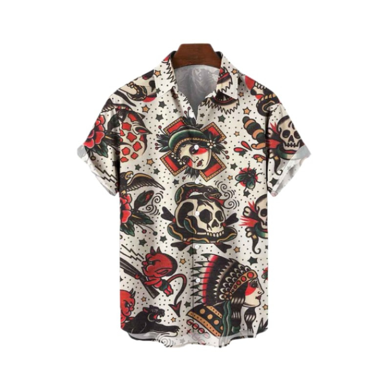 Χαβάης Υπερμεγέθη τρισδιάστατο τυπωμένο μοτίβο κρανίου κοντομάνικο μπλουζάκι καλοκαιρινό παραθαλάσσιο πουκάμισο για διακοπές σε κινέζικο στυλ