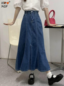 Άνοιξη Φθινόπωρο Plus μέγεθος 40-100kg Φούστα Fishtail Κορεατική με κουμπιά μόδας Ψηλόμεση τζιν σχισμένη φούστα Γυναικείες casual midi φούστες
