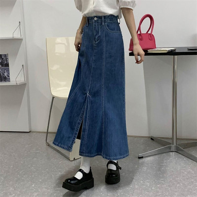 Άνοιξη Φθινόπωρο Plus μέγεθος 40-100kg Φούστα Fishtail Κορεατική με κουμπιά μόδας Ψηλόμεση τζιν σχισμένη φούστα Γυναικείες casual midi φούστες